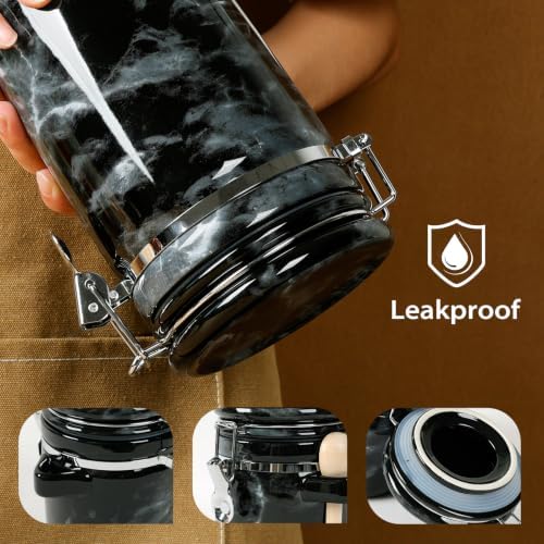 4 Piece Airtight Ceramic Canister Set With Attached Wooden Spoon Reusable Chalk Labels For Dry Goods Sugar Coffee Tea Kitchen Storage Use (Marble Black) - Image 6