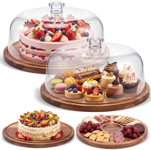 Mifoci 2 Pack Acacia Wood Cake Stand Serving Tray with Acrylic Lid, Charcuterie Table Display Set, 12 x 12 Inches Dessert Serving Tray Set for Bakery, Buffet, Home Party & Restaurant by Mifoci