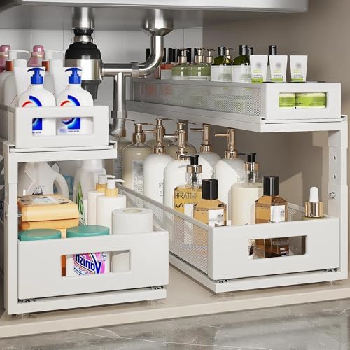 2 Pack 21.3IN-Depth Under Sink Organizer With Next-Gen Ball-Bearing Slides,2-Tier Pull Out Cabinet Storage,Height Adjustable Drawer Shelf for Bathroom,Kitchen,Laundry,Cabinet,Pantry-White by Corbyles