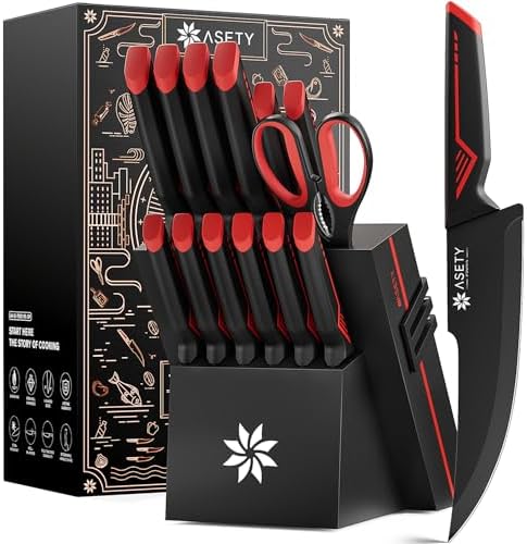 ASETY Knife Set with Block, 15 PCS Kitchen knife Set, Dishwasher Safe, Red by ASETY