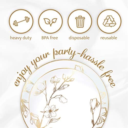 PLASTICPRO 32 Piece Combo Plates Set includes 16-7'' inch Plates & 16-10'' inch Plate White Plastic Floral Design Party With Gold Rim, Premium heavyweight Elegant,Dishes, - Image 7