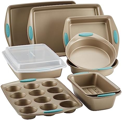 Rachael Ray 47578 Cucina Nonstick Bakeware Set with Grips Includes Nonstick Bread Pan, Baking Sheet, Cookie Sheet, Baking Pans, Cake Pan and Muffin Pan - 10 Piece, Latte Brown with Agave Blue Grips by RachaelRayKitchenware