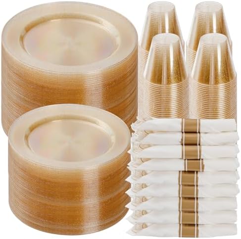 Goodluck 700 Piece Gold Glitter Plastic Dinnerware Set for 100 Guests by GoodLuck