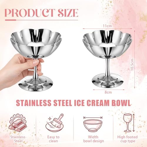 6 Pcs Stainless Steel Ice Cream Bowls Mini Silver Serving Pudding Dessert Cup Sauce Bowls Round Footed Yogurt Snack Candy Cups for Mousse Fruit Salad Wedding Party Favor - Image 2