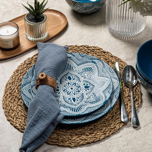 Bzyoo 12-Piece Ceramic Dinnerware Set: La La Mandala Blue Dish Set Design for Every Occasion - Microwave & Dishwasher Safe Stackable Plates Bowls - Image 2