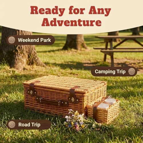 Multifunctional Wicker Picnic Basket Set for 2 Adults with Blankets & Cup - Image 3