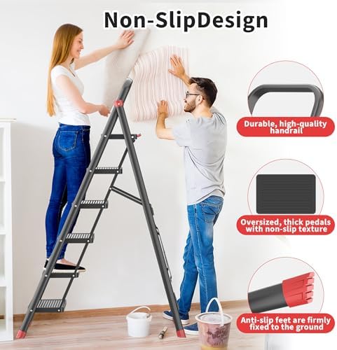 DIAMONDFORGE 6-Step Folding Step Stool Ladder with Handle, Anti-Slip Wide Pedals & Feet, 800lbs Capacity Sturdy Ladder for Home Kitchen Adults, Black Red - Image 6
