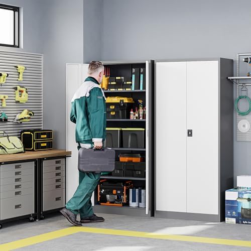 Letaya Metal Garage Storage Cabinets with Lock Door and Adjustable Shelves, Steel Tool Cabinets for Home,Office,Warehouse Organisieren (Gery White, 71" H) - Image 2