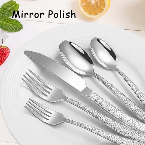 Hammered Silverware Set With Gift Box For 8 Cutlery Set Utensils Stainless Steel Flatware 40 Pieces MIKIWAY Luxury Kitchen Tableware Set For Gifts Festive, Dishwasher Safe, Mirror Polishing - Image 3