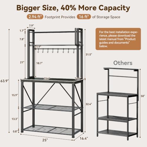 YASONIC Coffee Bar, Bakers Rack with Storage, 25.6 Inches Microwave Stand, 5 Tier Kitchen Shelves Appliance Storage, 12 S Hooks Large Coffee Station for Spices, Pots and Pans, Black - Image 3