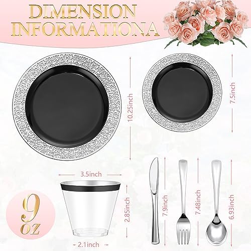 Norme 300 Pieces Disposable Plastic Dinnerware Set, 100 Plastic Plates, 150 Knives, Forks and Spoons with 50 Rimmed Cups for 50 Guests Wedding Party Supplies(Black Silver) - Image 2