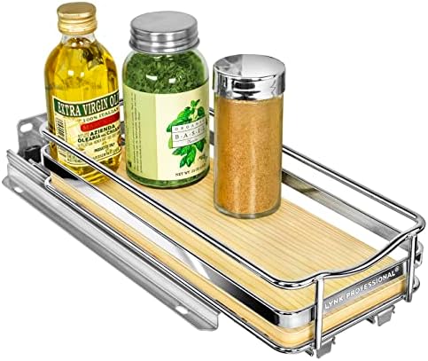 LYNK PROFESSIONAL® Élite™ Pull Out Spice Organization for Cabinets - 4-3/8 inch Wide – Spice Rack for Inside Cabinets – Wood/Chrome - Sliding Spice Rack Organizer for cabinet – Spice Rack - 1 Tier by LYNKPROFESSIONAL