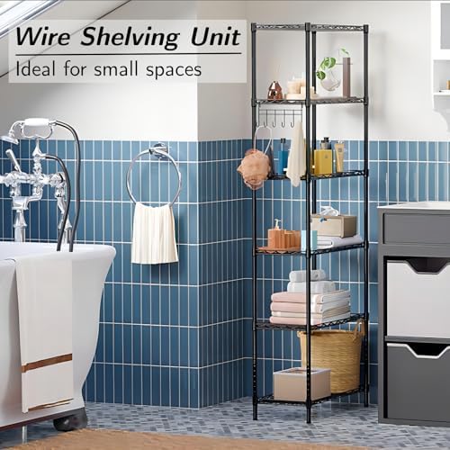 Homdox 6-Tier Storage Shelf Wire Shelving Unit Free Standing Rack Organization Adjustable Leveling Feet, Stainless Side Hooks, Black - Image 5