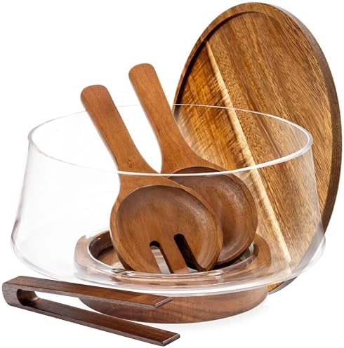 Large Glass Salad Bowl with Lid Set, 5.7 L Decorative Glass Mixing Bowl, Trifle and Serving Bowls with Lids as Cheese Charcuterie Board and Plate, Comes with Wood Serving Utensils by Unknown