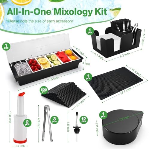 Bartending Supplies - 18" x 12" Bar Mat Garnish Tray with Lid Bar Caddy 3 Tier Bar Glass Rimmer, 2 Plastic Juice Pour Bottles 3 Mini Tongs 12 Classic Liquor Bottle Pourers 500 Cocktail Straws(Black) - Image 2