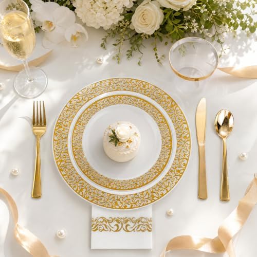 WELLIFE 210Pcs Gold Plastic Dinnerware - Disposable Silverware and Cups, Include:30 Dinner Plates, 30 Dessert Plates, 30 Paper Napkins, 30 Cups, 30 Gold Plastic Cutlery Set for Party and Wedding - Image 3