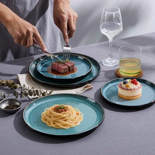 LIANYU Stoneware Dinnerware Sets with Pasta Bowls for 4, Pastel Turquoise - Image 2