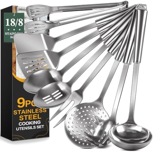9 Pcs Cooking Utensils Set, 304 Stainless Steel Kitchen Utensils, Heat Resistant Metal Kitchen Tools Include Solid & Slotted Spatula, Serving Spoon, Ladle, Pasta Spoon, Fork, Tongs, Dishwasher Safe by Unknown