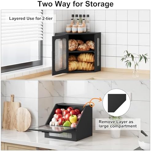 TQVAI Bread Box for Kitchen Countertop Large Corner Bread Loaf Storage Container Double Layer Wooden Bread Boxes Bin Farmhouse Pantry Shelf with Acrylic Window, Black - Image 5