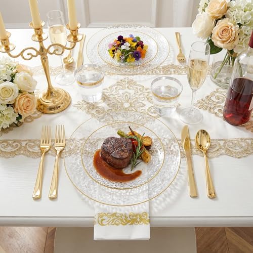 Rubtlamp 350 Pcs Clear Gold Plastic Plates, Hammered Disposable Dinnerware, Clear-Gold Plates Set Include 100 Plastic Platos, 150 Gold Disposable Silverware, 50 Cups And 50 Napkins for Party - Image 5
