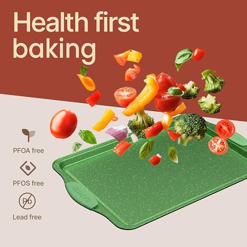 BAKKEN Kitchen Baking Pan Set - Nonstick Green Marble Coating, Carbon Steel Bakeware Sets with Green Silicone Handles, Kitchen Essentials, PFOA, PFOS, PTFE Free, Oven Safe (Up To 450° F), Set of 18 - Image 7