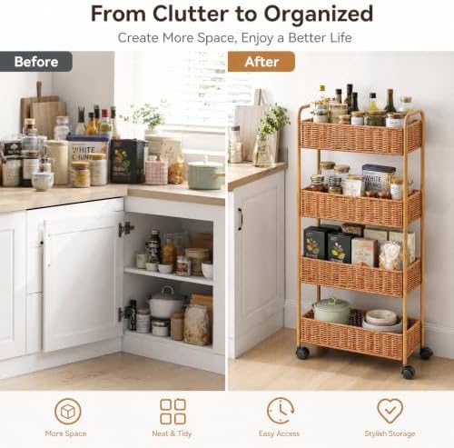 FOCHIER F Utility Slim Storage Cart,4-Tier Rolling Kitchen Office Laundry Room Cart with Wheels,Mobile Shelving Unit Organizer for Living Room,Bathroom, Baby Diaper,Art,Dining Room Narrow Places - Image 3