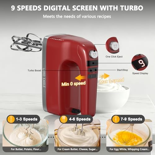 Lord Eagle 9-Speed Digital Hand Mixer Electric Handheld, 500W DC Motor - Image 2