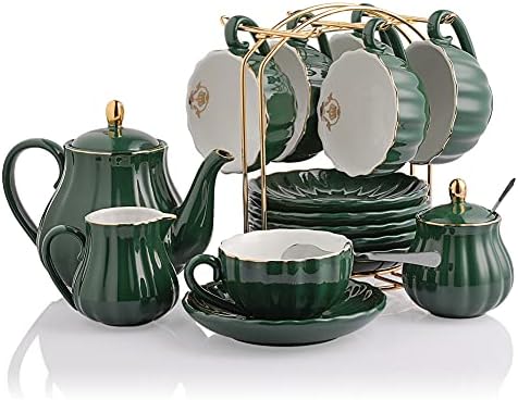 Sweejar Home British Royal Porcelain Tea Set, 8 OZ Cups & Saucer Service for 6, with Teapot, Sugar Bowl, Creamer, Pitcher & Teaspoons, High Tea, Wedding, Party (Jade) by Sweejarco1949