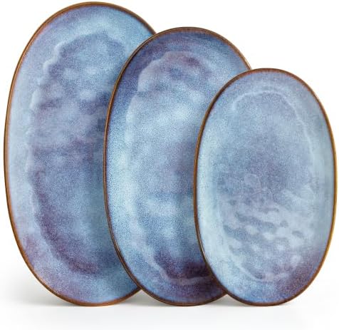 vancasso Ceramic Serving Platters Set of 3, Oval 16/14.7/13.5 Inch Stoneware Serving Dishes for Entertaining, Microwave Safe Serving Trays for Food, Turkey, Cheese, Party, Reactive Glaze Blue by vancasso
