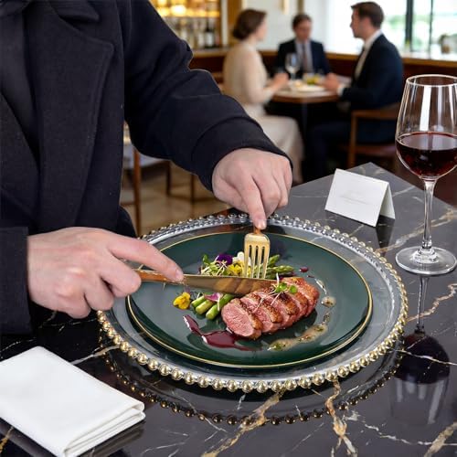 KIRE 175PCS Green Plastic Plates with Gold Rim - Heavy Duty Green Plates Disposable Include 50 Fancy Plastic Plate, 25Pre Rolled Napkins 25 Cups For Party/Wedding/Christmas - Image 5