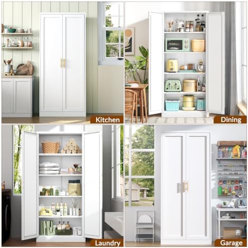 BESFUR 71" Tall White Kitchen Pantry Cabinet, Metal Food Storage Cabinet with 4 Adjustable Shelves, Freestanding Cupboard with Doors for Kitchen, Dining Room, Living Room, Bathroom, Laundry Room - Image 5