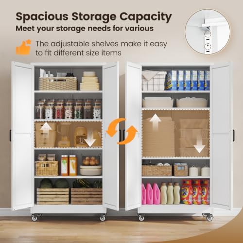 Yizosh 72"White Metal Dining Storage Cabinet,Wheeled Garage Storage Cabinet - Image 6