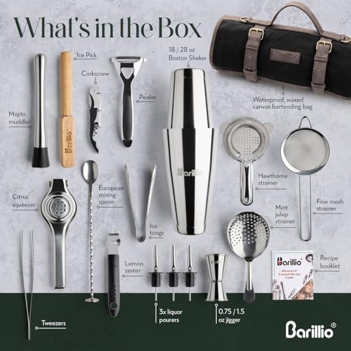 Barillio Bartender Kit Bag with Cocktail Shaker Set - Waxed Canvas, Traveling Bar Tools Bag with 17-Pc Cocktail Kit - Travel Mixology Bartending Kits - Mobile Bar Roll with Strap & Accessories - Image 2