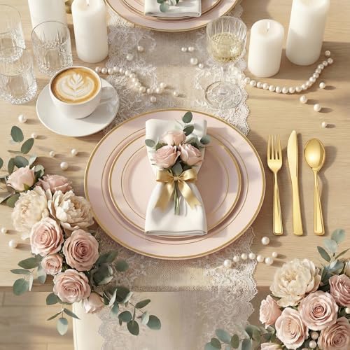 WDF Partyware 175PCS Pink plastic Plates - Pink Disposable Plates 25Guests Disposable Dinnerware Sets with Rolled Napkins for Wedding/Birthday/Baby Shower - Image 4