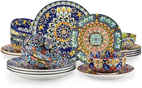vancasso 18 Pieces Dinnerware Sets, Plates and Bowls Set, Porcelain Dishes Set for 6, Microwave and Dishwasher Safe, Scratch Resistant, Bohemian Style Dining Ware Service for 6, Series SIMI by vancasso