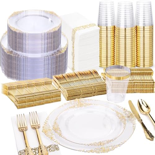 Nervure 350Pcs Clear Gold Plastic Plates, Dinnerware Sets for 50 Guests by Nervure