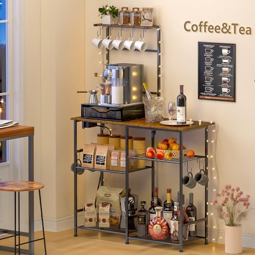 3IngSeagulls Bakers Rack with Power Outlet, Kitchen Microwave Stand with 10 S-shaped Hooks, 6-Tier Coffee Bar Station, Kitchen Storage Shelf Rack for Spices, Pots, Rustic Brown - Image 6