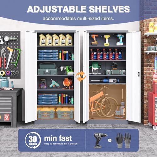 Metal Cabinet,Locking Storage Cabinet with 2 Doors and 5 Adjustbale Shelves,72" Tall Tool Steel Cabinets for Garage,Home Office,School,Gym(Grey & White) - Image 4