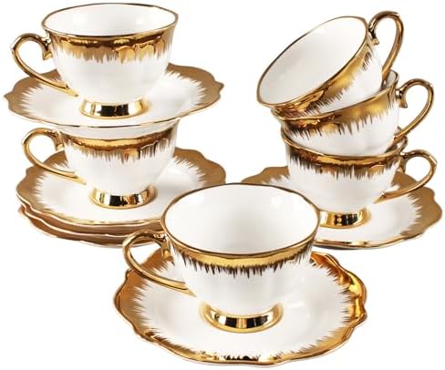 Coffee Mugs Set, 5.0 oz Ceramic Tea Cup with saucer, Espresso Cups 6-piece Rose Tea Cups and Saucers, Stackable Cups, for Latte, Cappuccino, Mocha, Cocoa (Golden) by Jinsongdafa