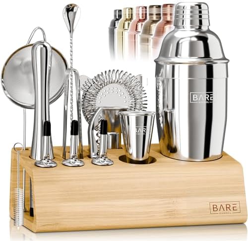 BARE BARREL® Mixology Bartender Kit Bar Set | 14-Piece Cocktail Shaker Set | Martini Barware Mixing Tools for Home Bartending | Incl. 35 Recipe Cards | Gift Set (24oz Cobbler Shaker, Silver/Natural) by BareBarrel