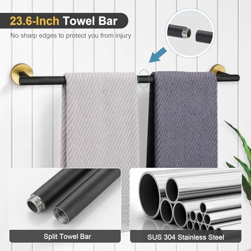 TQKAG Black and Gold Bathroom Hardware Accessories Set 10-Pieces, Premium SUS304 Stainless Steel Bathroom Towel Bar Holder Set 23.6 Inch Round Towel Racks for Bathroom Wall Mounted - Image 2