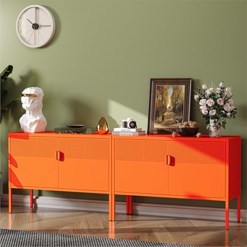 COFaR TV Stand for TVs up to 75 Inch, 40''L Media Console with Ventilation Doors, Metal Entertainment Center with Adjustable Shelves & 120Lbs Storage for Living Room & Bedroom, Orange - Image 3