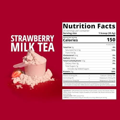 Strawberry Milk Tea | 25g Grass-Fed Whey Protein Isolate Powder | Gluten-Free & Soy-Free Bubble Tea Protein Drink | Real Ingredients & Lactose-Free Protein Drink | 25 Servings - Image 3
