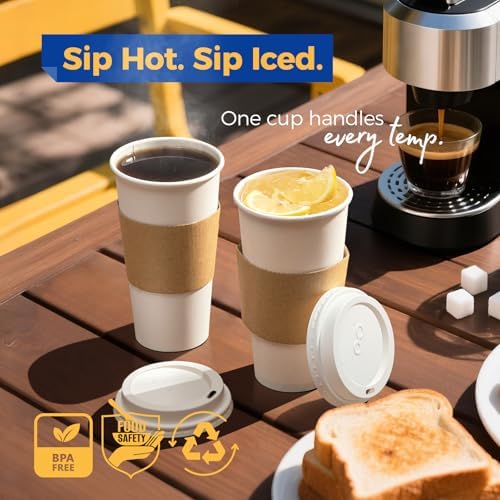 Fit Meal Prep 100 Pack 20 oz Disposable Coffee Cups with Lids, Sleeves, Leak-Proof To Go Coffee Cups with Lids, Durable Hot Paper Cups for Home, Office, Party, Business - Image 4