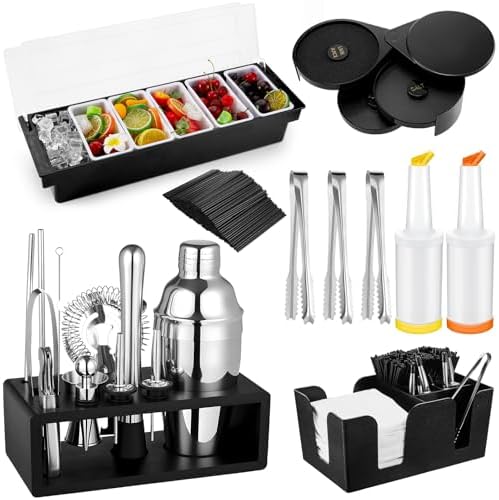 Mifoci 23 Pcs Bartender Supplies Kit Garnish Tray for Bartenders with Bar Caddy 3 Tier Salt Rimmer 13 Pcs Cocktail Shaker Set and Bar Accessory for Christmas Bartender Gifts Beginners(6 Compartments) by Mifoci