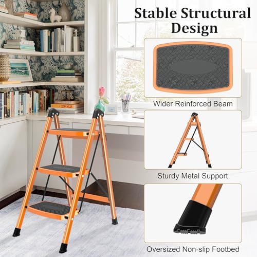 DIAMONDFORGE 3 Step Ladder, Folding Step Stool with Anti-Slip Wide Pedal, Soft Handle, Anti-Slip Feet, Sturdiest Steel Construction, 500lbs Capacity Steel Ladder for Home and Office, Orange - Image 4