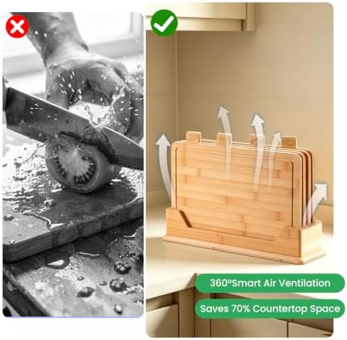 Labeled Bamboo Cutting Board Set with Storage Rack, 4-Piece Bamboo Chopping Boards for Meat, Fish, Bread & Vegetables, Kitchen Countertop Organizer with Holder, 19.9" x 4.7" x 12.6" - Image 6