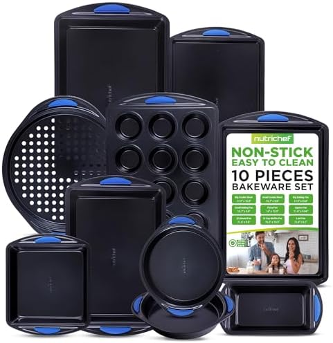 NutriChef 10-Piece Nonstick Bakeware Set - Heavy Duty Carbon Steel Baking Trays w/Silicone Handles - Includes Cookie Sheets, 12-Cup Muffin Pan, Pizza & Loaf Pan, Round & Square Pans - Easy to Clean by NutriChef%E2%84%A2Kitchen