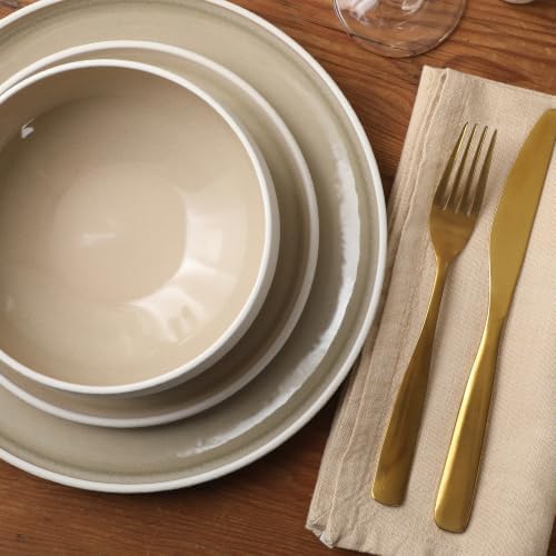 Gibson Elite Pacifico Beach 12-Piece Stoneware Dinnerware Set, Reactive Glaze Plates & Bowls, Taupe, Artisan Stone-Textured Exterior - Image 6
