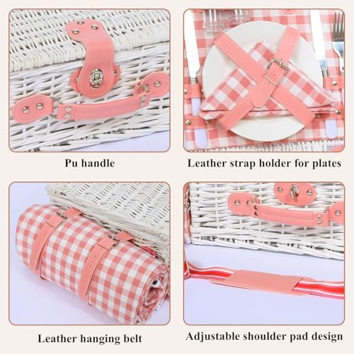 Pink Wicker Picnic Basket for 2, Blanket & Wine Pouch, 16.6" - Image 6
